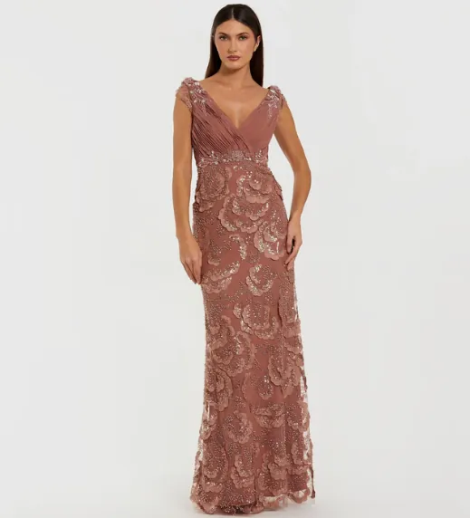 Floral Beaded Chiffon V-Neck Evening Gown